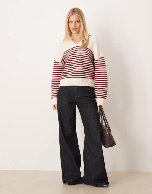 Mango - Polo in maglia a righe bordeaux con scollo a V, 2 di 4