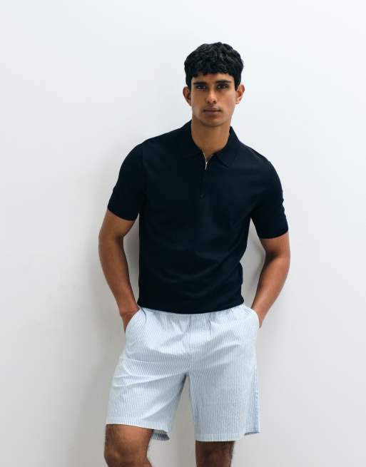 Mango - Polo in maglia color blu navy con zip corta