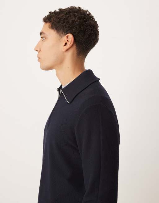 Mango - Polo lavorata in misto cotone blu navy con zip corta, 4 di 5