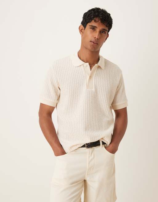 Mango – Polo-Oberteil in Beige aus leichtem Strick
