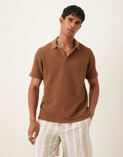 Mango - Polo rayé en maille au crochet - Marron - view 1