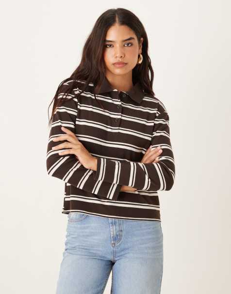 Mango - Polo rayé - Marron/blanc - view 1