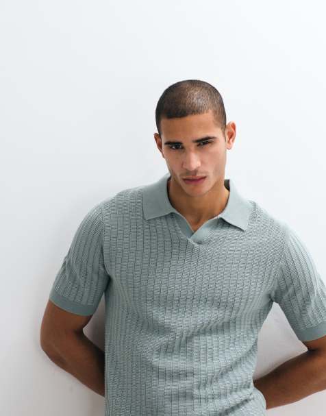 Mango - Polo rétro in maglia sottile blu polvere con colletto aperto - view 1