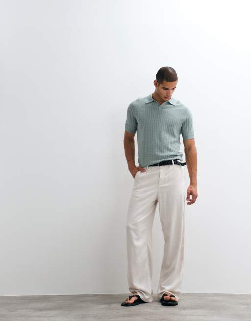 Mango - Polo rétro in maglia sottile blu polvere con colletto aperto, 2 di 5