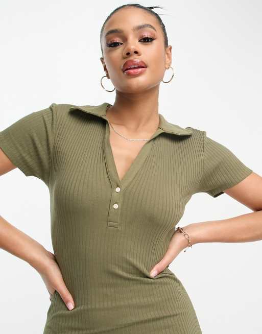 Mango polo ribbed midi dress in khaki ASOS