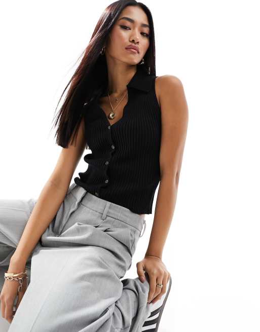 Mango - Polo sans manches avec boutons sur le devant - Noir