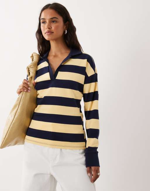 Mango polo top met lange mouwen in geel- en blauwgestreept, 3 van 4