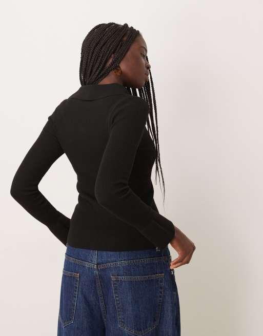 Mango polo top with flared sleeves in black, 3 of 4