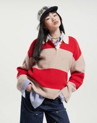 Mango - Polopullover in Beige und Rot gestreift-Bunt