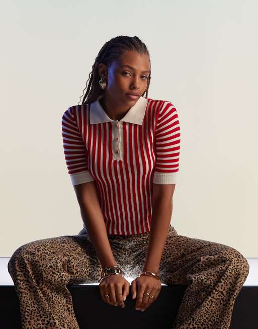 Mango – Poloshirt aus Strick mit Streifen in Rot und Weiß ASOS