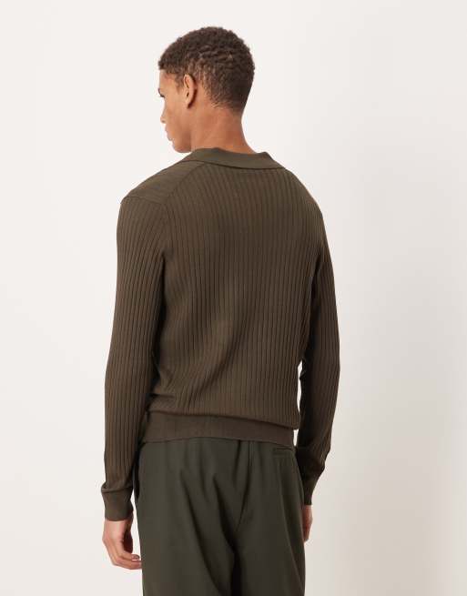 Mango - Poloshirt met lange mouwen en reverskraag in kaki, 3 van 5