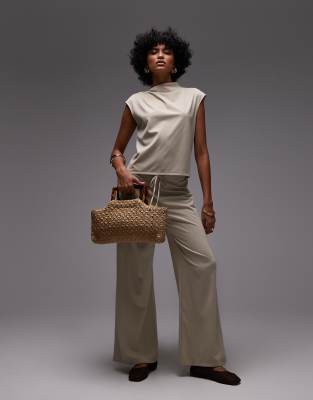 Mango - Polyamid-Hose in Beige mit Kordelzugbund und weitem Bein, Kombiteil-Neutral