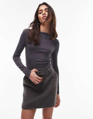 Mango Polyamide Boat Neck Long Sleeve Top In Gray
