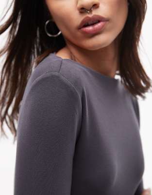 Shop Mango Polyamide Boat Neck Long Sleeve Top In Gray