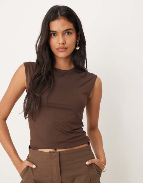 Mango polyamide cap sleeve t-shirt in brown - view 1