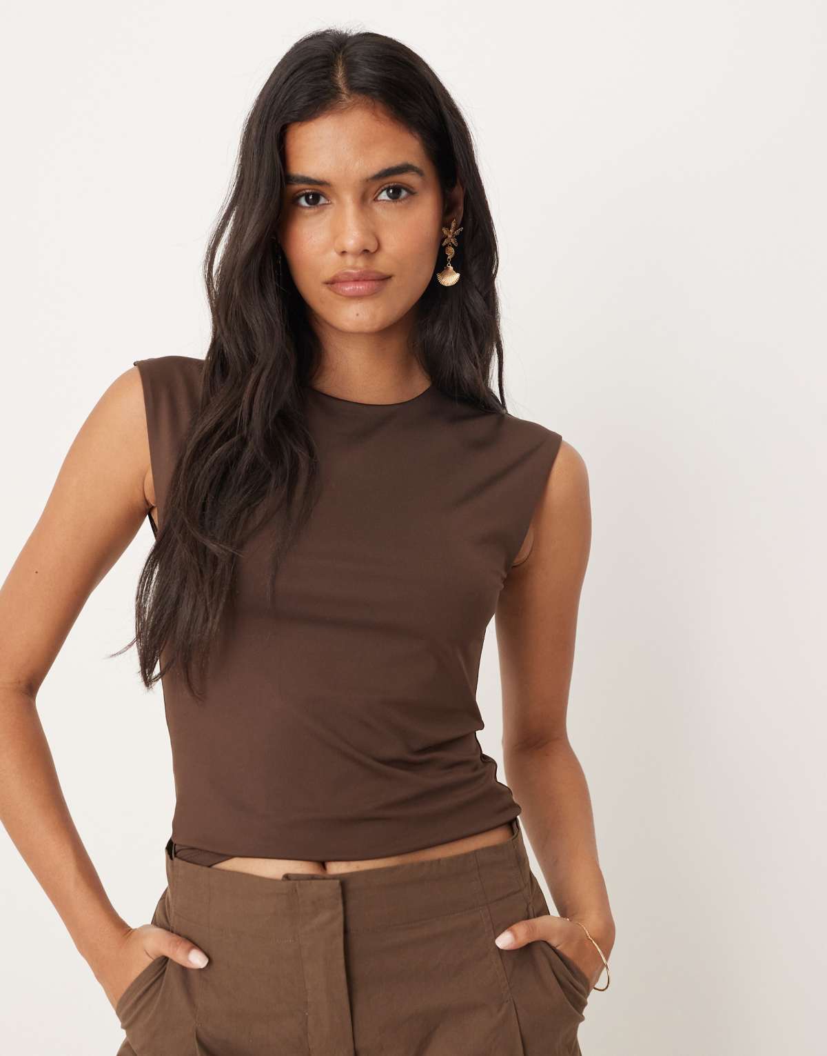 Mango polyamide cap sleeve t-shirt in brown