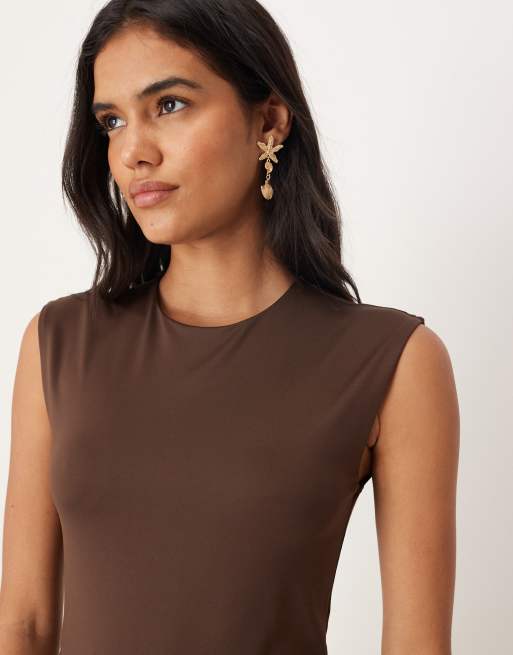 Mango polyamide cap sleeve t-shirt in brown