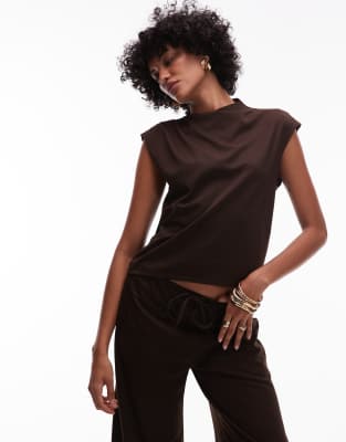 Mango Polyamide Slash Neck Cap Sleeve T-shirt In Brown