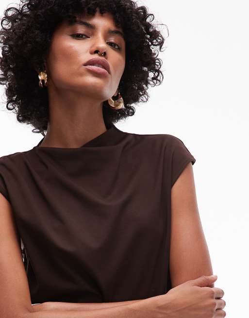 Mango polyamide slash neck cap sleeve t-shirt in chocolate