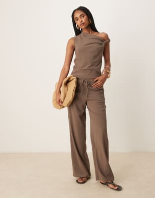 polyamide straight leg tie waist pants in brown - part of a set