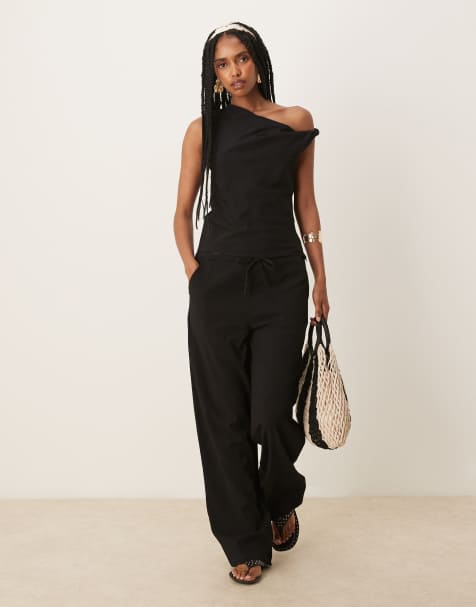 Mango polyamide twist detail top and straight leg pants set in black - view 1
