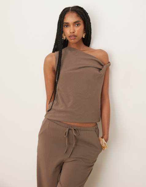 Mango polyamide twist detail top co-ord in mocha brown