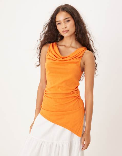 Mango asymmetric ruched top in orange