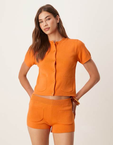 Mango compact knit short sleeve cardigan co-ord with front pocket detail in orange
