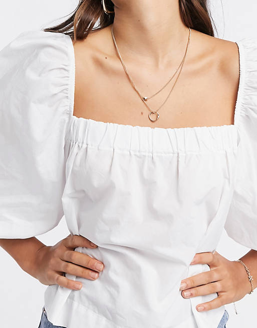 Mango – Popeline-Bluse mit eckigem Ausschnitt und Puffärmeln in Weiß | ASOS