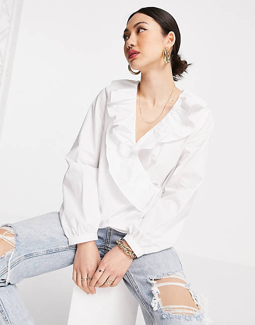 Mango poplin cotton wrap blouse with frill in white