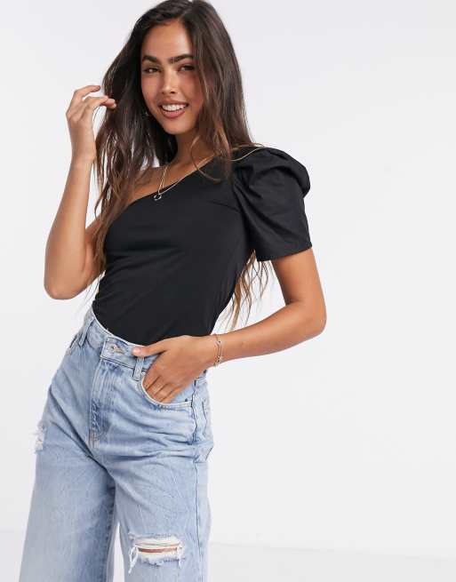 Mango poplin sleeve one shoulder top in black | ASOS