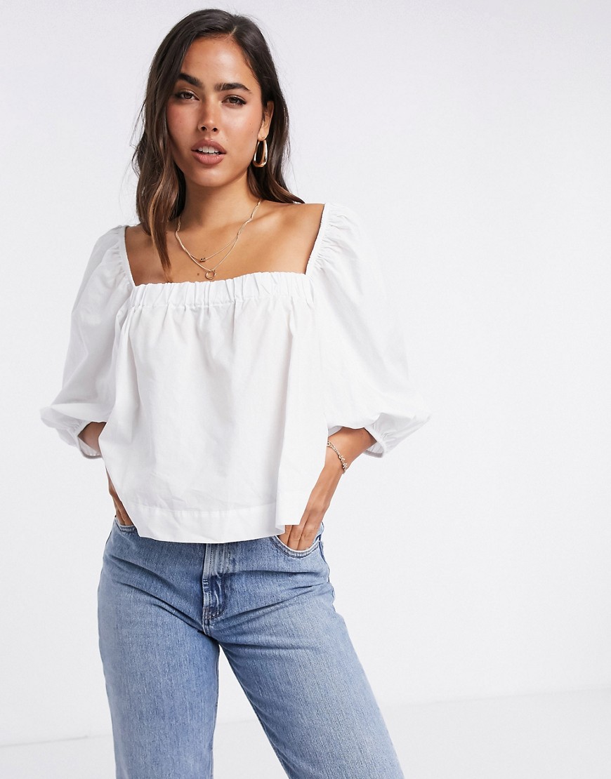 Mango poplin square neck blouse with puff sleeves in white
