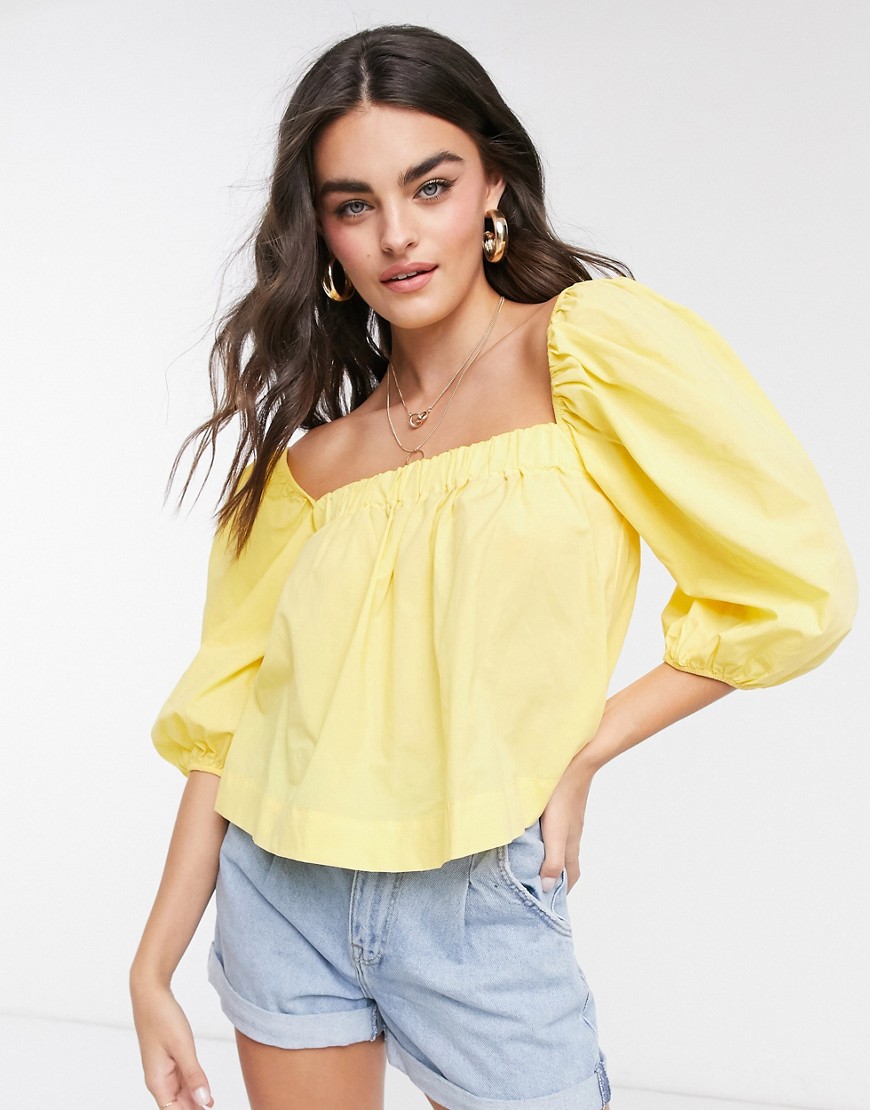 Mango poplin square neck blouse with puff sleeves in yellow
