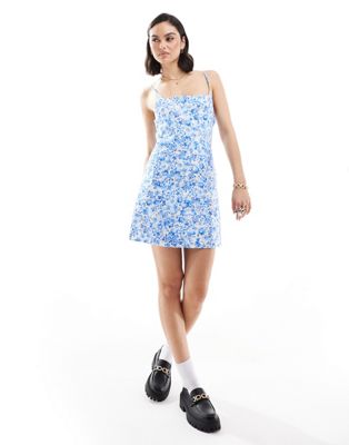 Mango Porcelain Floral Printed Mini Dress In White And Blue