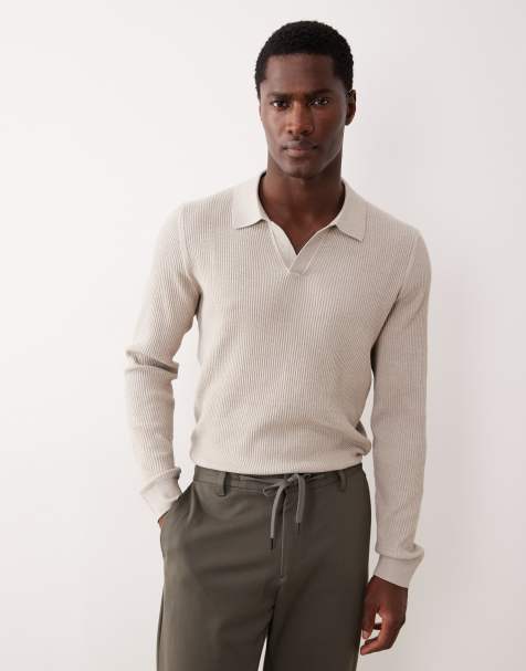 Mango cotton mix ribbed polo top in ecru