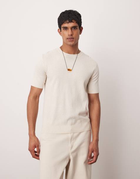 Mango – Prążkowany dzianinowy T-shirt w neutralnym kolorze - view 1