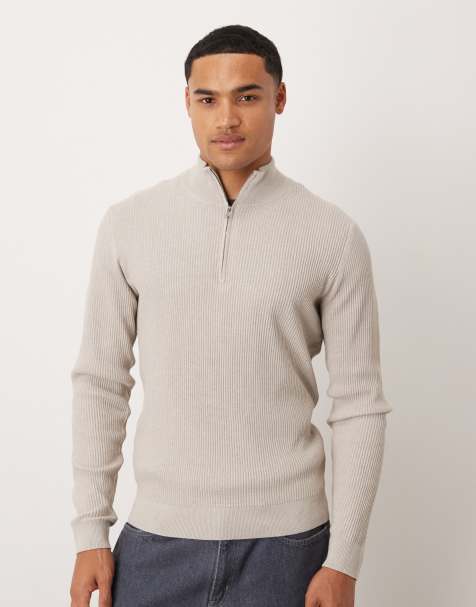 Mango cotton mix ribbed quarter zip in ecru