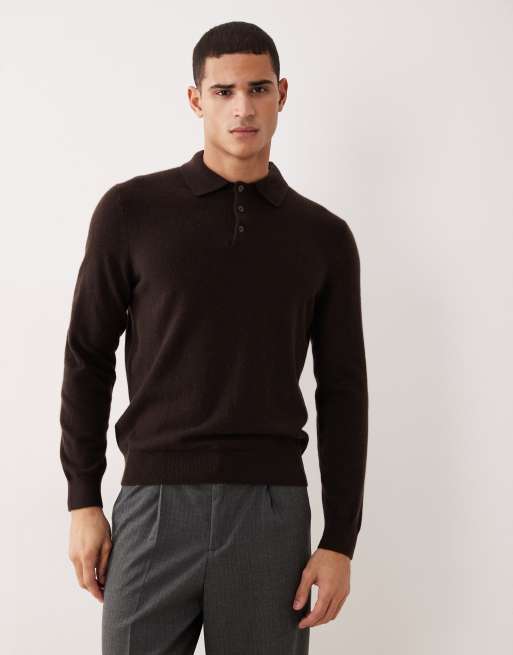 Mango premium 100% cash knitted polo in deep brown