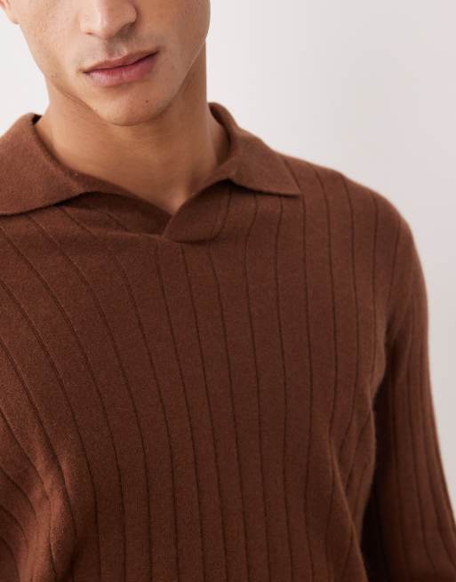 Mango premium 100% cashmere rib knit polo sweater in brown | ASOS