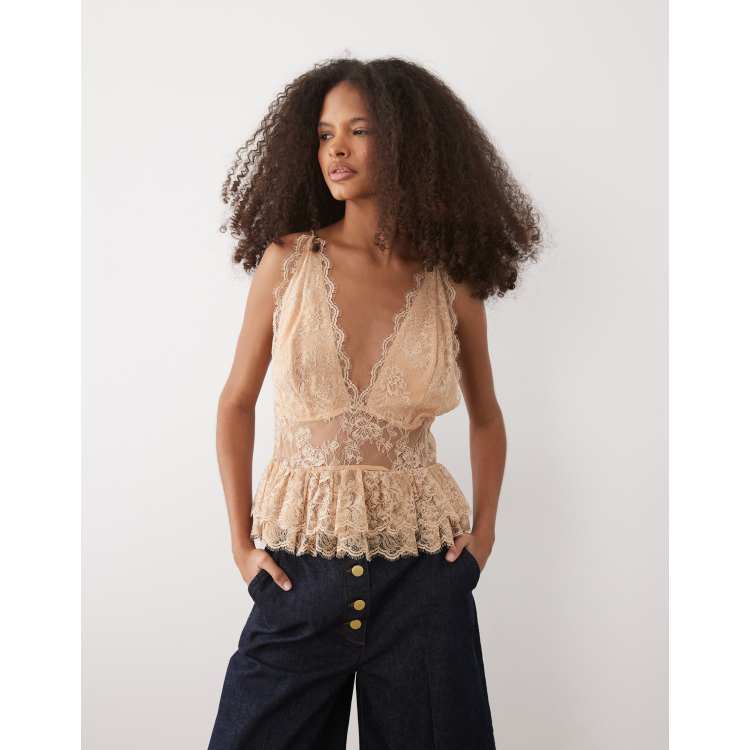 Mango premium all over lace tiered cami top in beige | ASOS