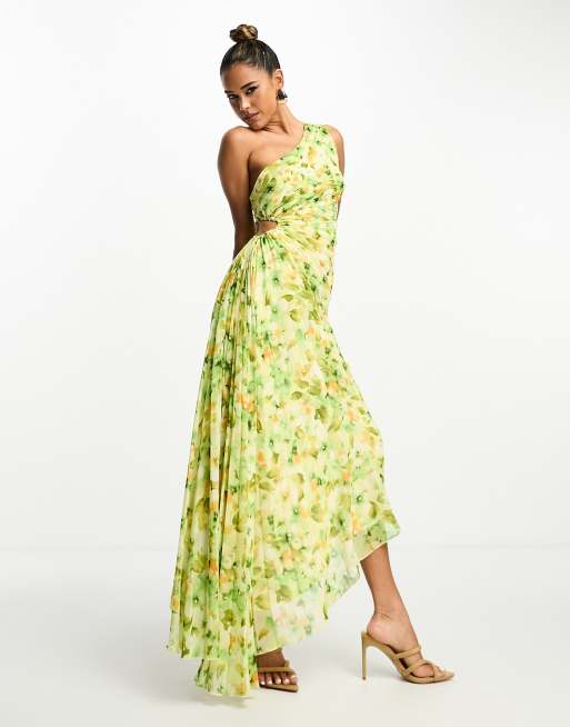 Mango premium asymmetric floral midi dress with cut out detail in yellow