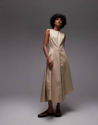 Mango - Premium - Baumwoll-Midikleid in Hellbeige mit plissiertem Detail-Neutral