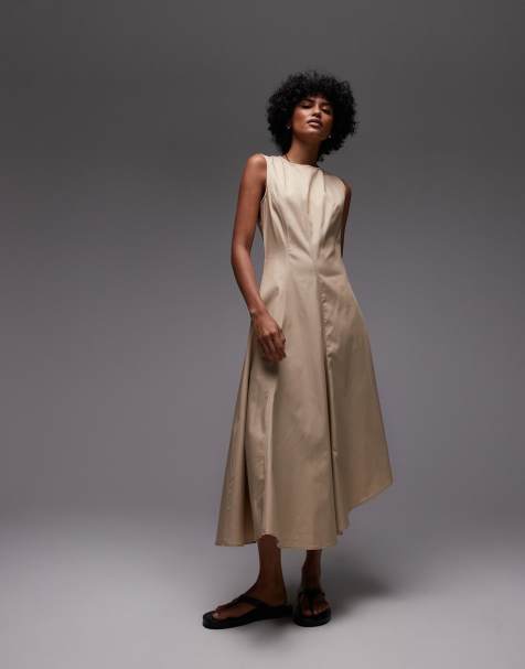 Mango – Premium – Baumwoll-Midikleid in Hellbeige mit plissiertem Detail - view 1