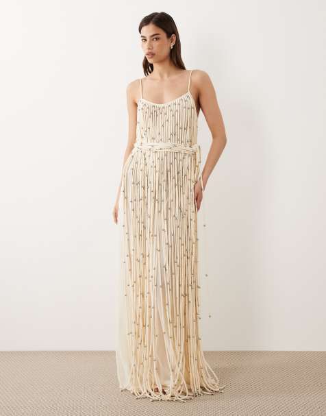 Mango premium beaded tassle maxi dress in cream - view 1