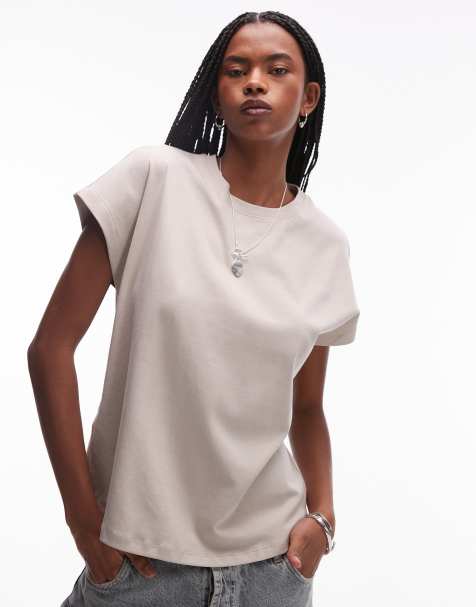 Mango – Premium – Beżowy T-shirt z rękawkami przykrywającymi ramiona - view 1