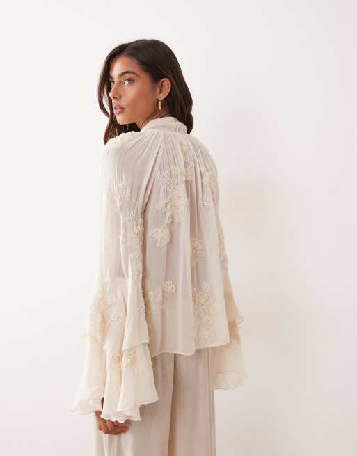 Mango - Premium - Blouse met ruches en borduursels in crème, 4 van 4