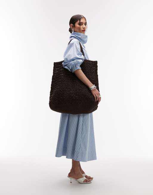 Mango - Premium - Chokoladebrun ekstrastor tote-taske i raffia