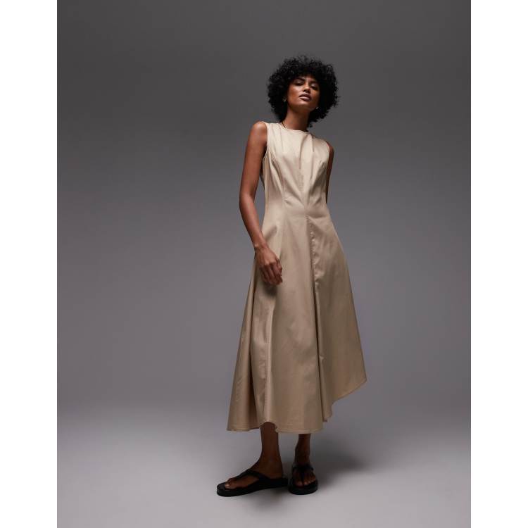 Mango premium cotton pleat detail midi dress in light beige | ASOS