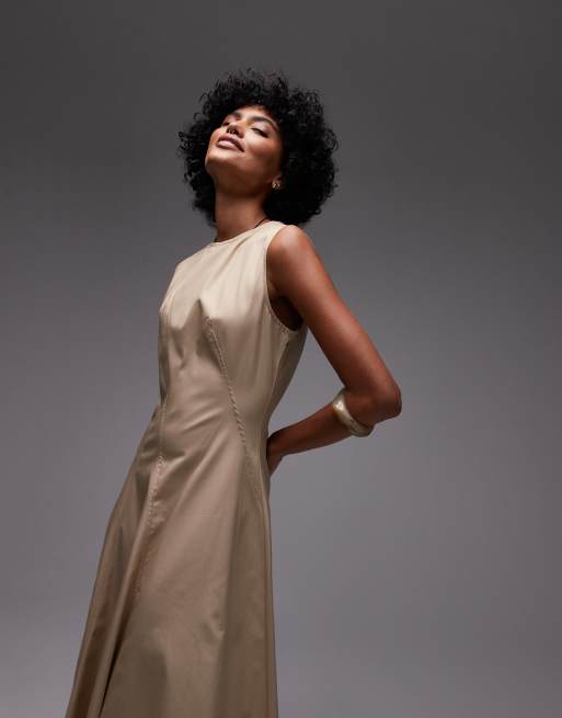 Mango premium cotton pleat detail midi dress in light beige | ASOS