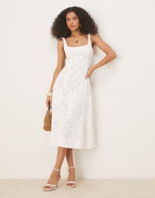 Mango Premium Cutwork Midi Dress In White